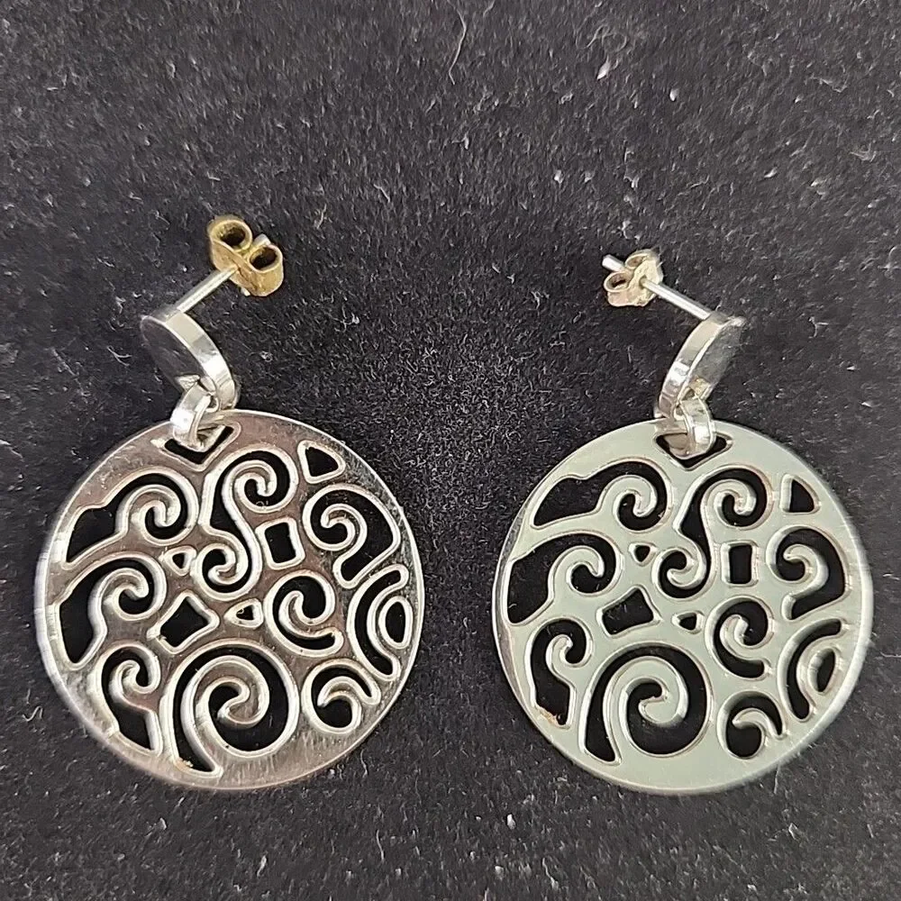 Earrings Stainless Steel Fancy Swirl Dangle Stud Post 1 3/4 Inch Vintage China